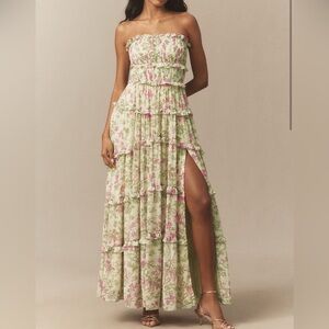 BHLDN Strapless Floral Tiered Dress - pale yellow with pink and green